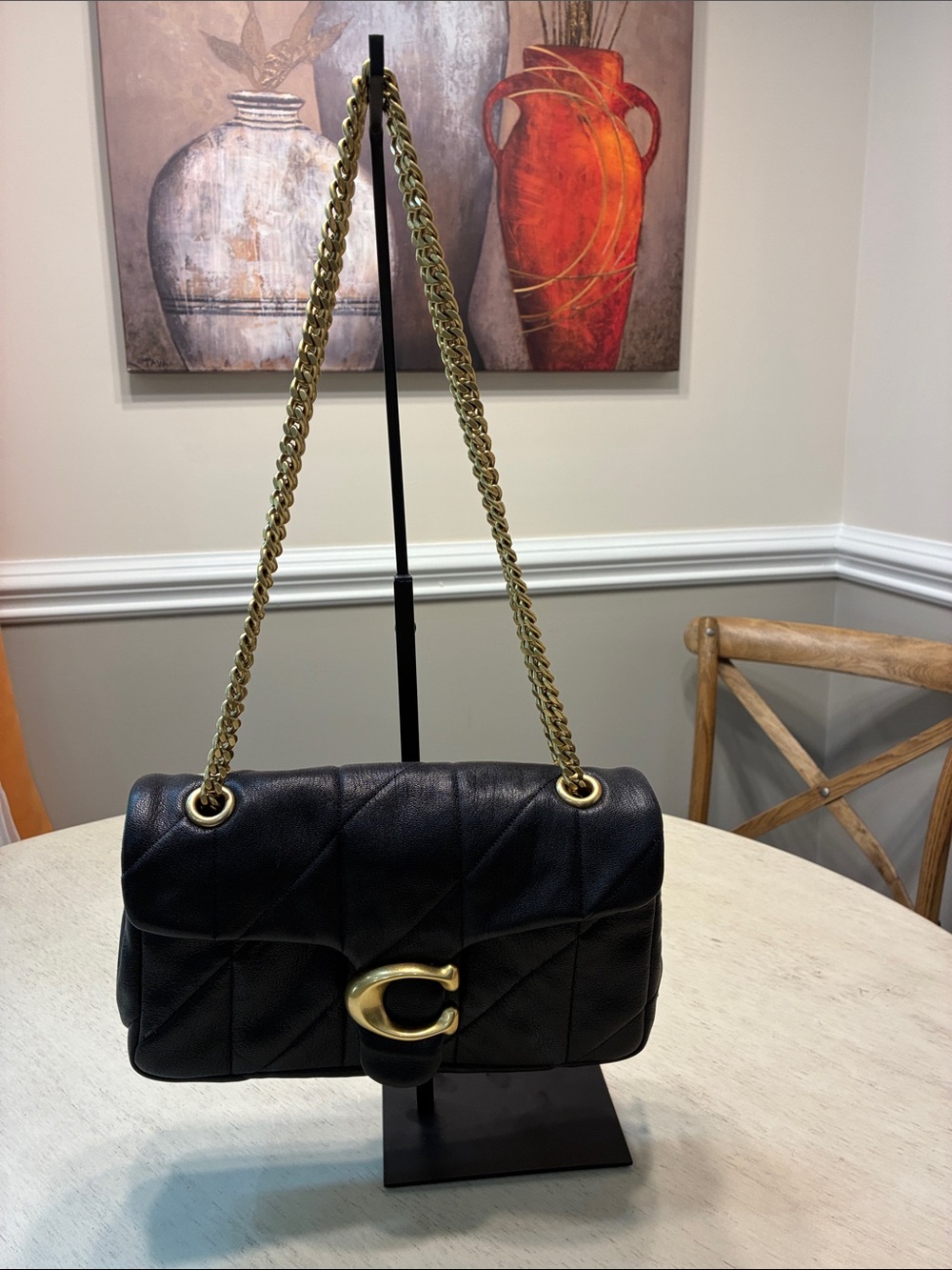 Coach Black Quilted Leather Shoulder Bag with Gold Chain